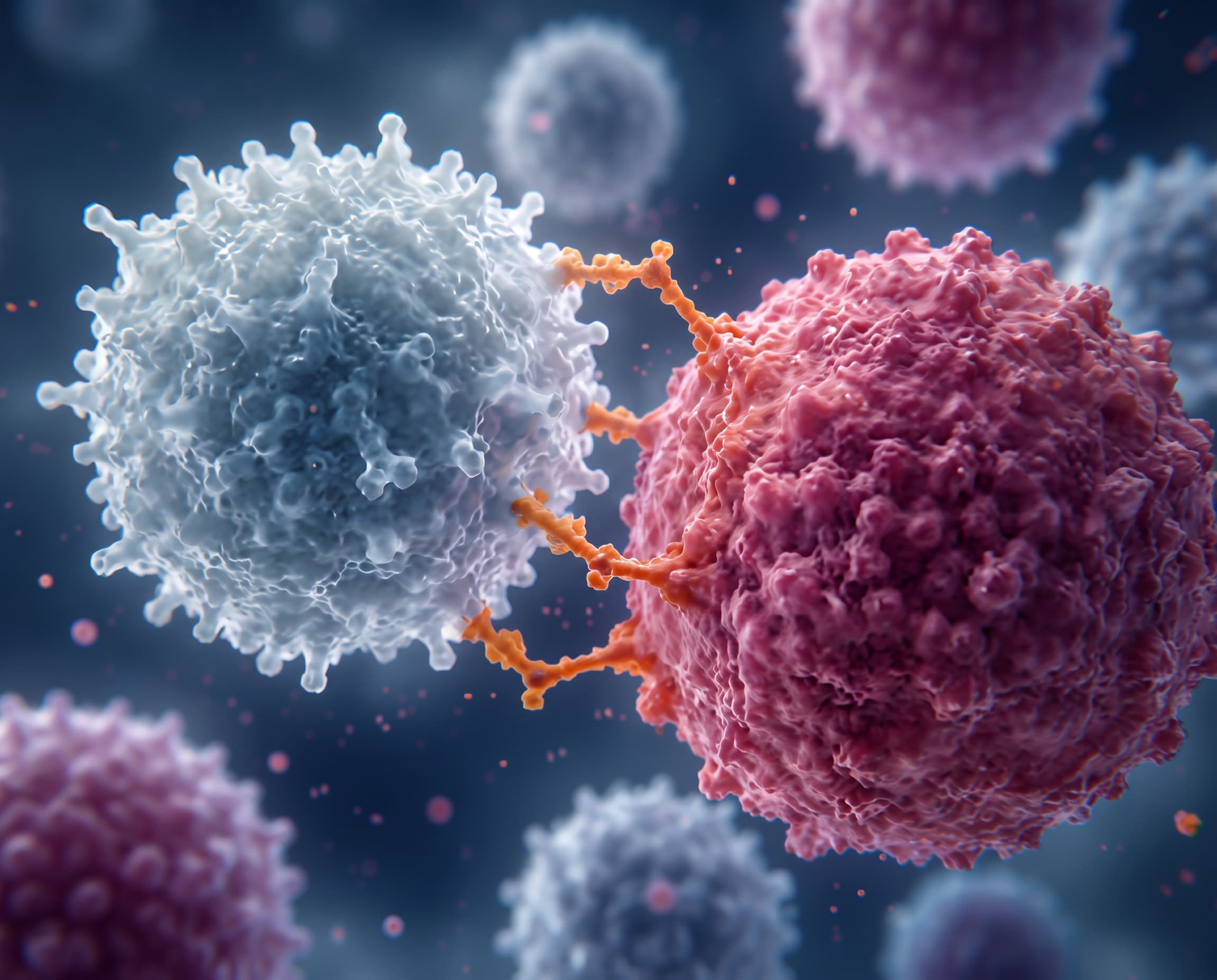 Microscopic view of CAR T-cell attacking cancer cells