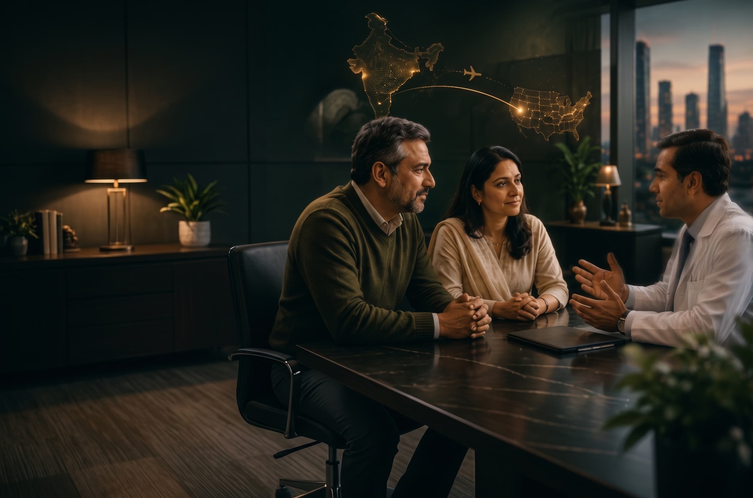 Family consulting with doctor for US healthcare options
